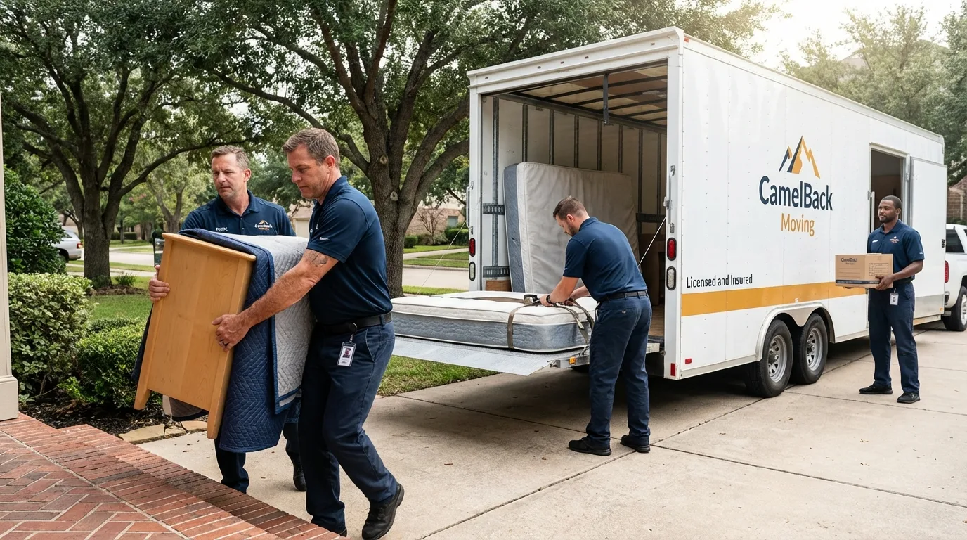 Crew loading residential truck for cross-state move from Wortham, TX