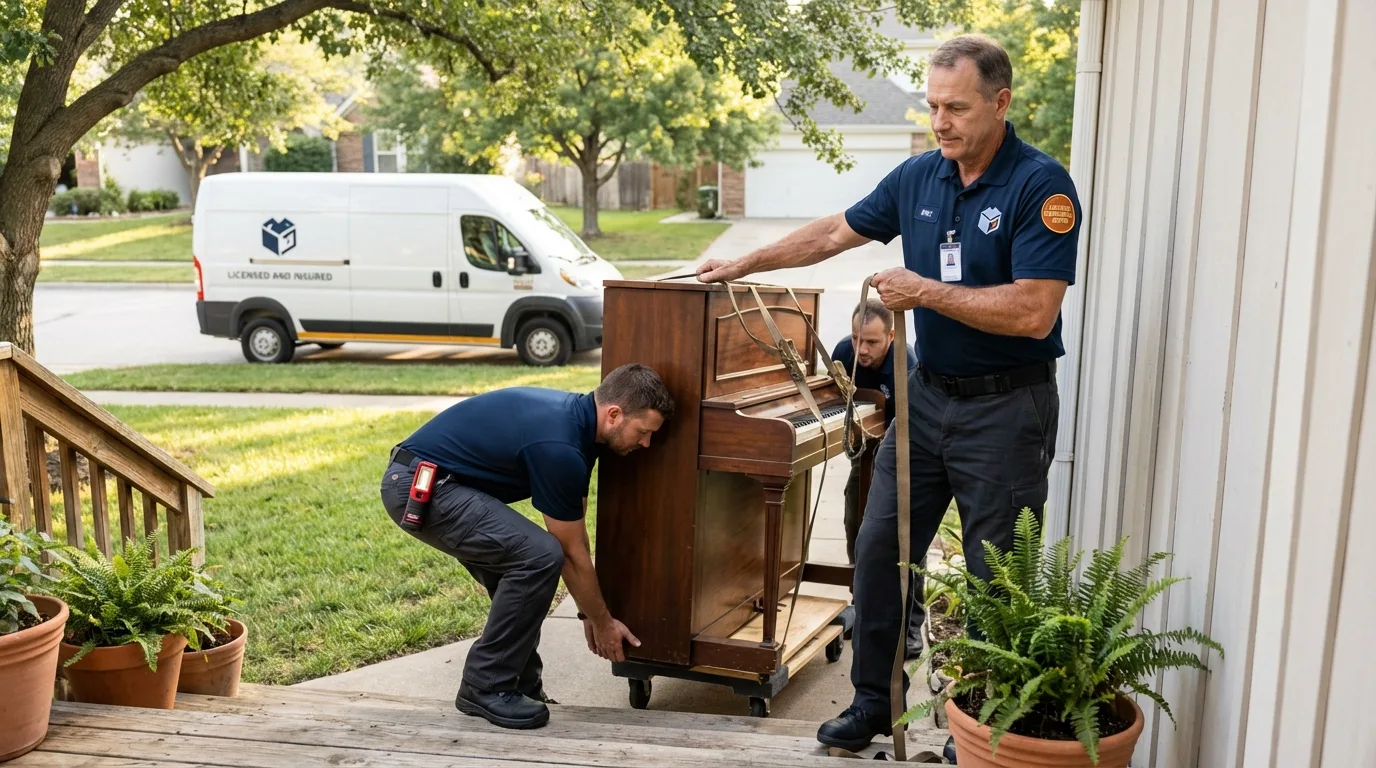 Licensed piano movers securing grand piano in Wortham, TX