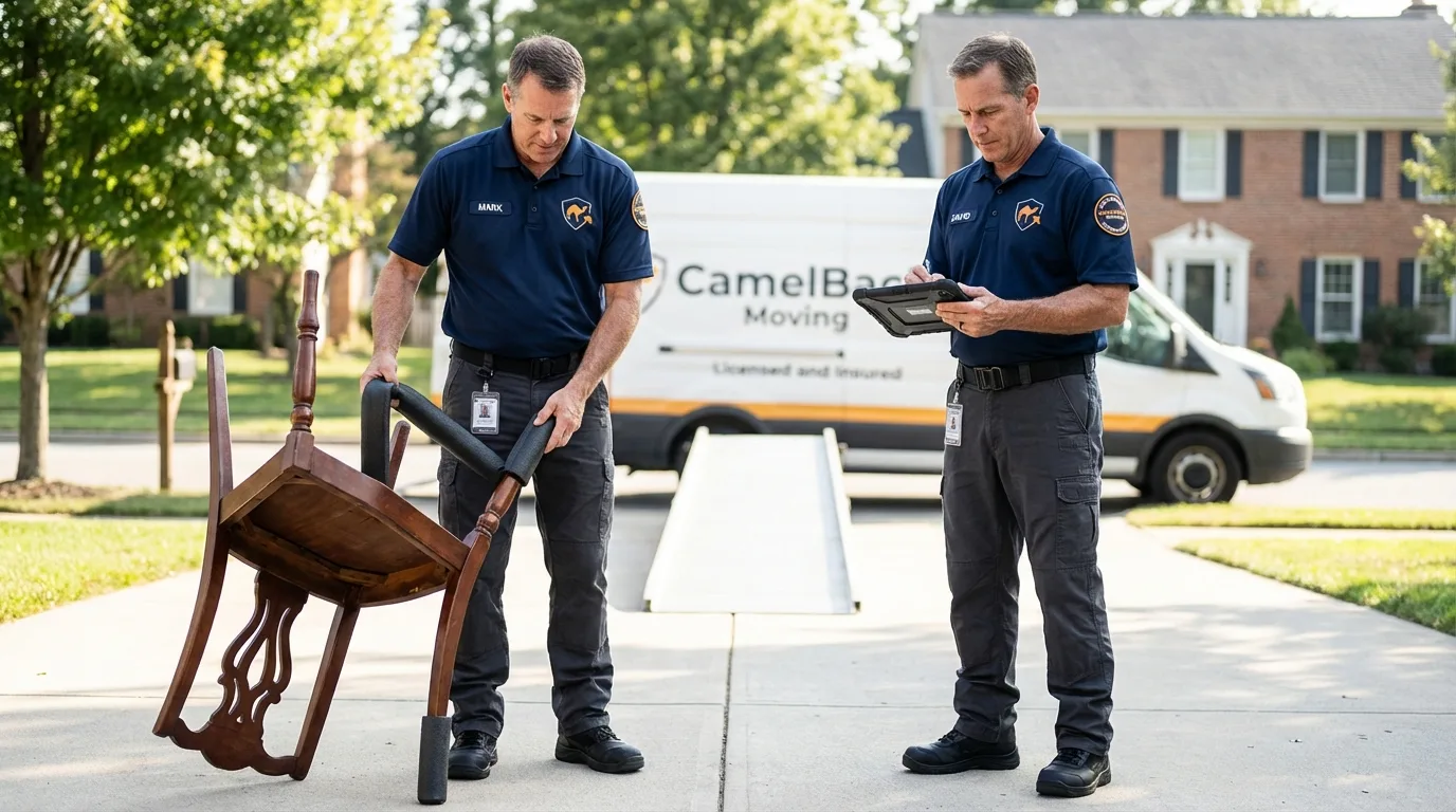 Movers inspecting furniture for damage prevention before loading in Wortham, TX