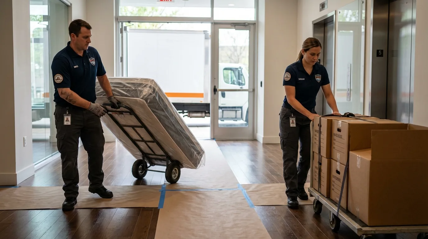 Professional apartment movers loading elevator in Wortham, TX